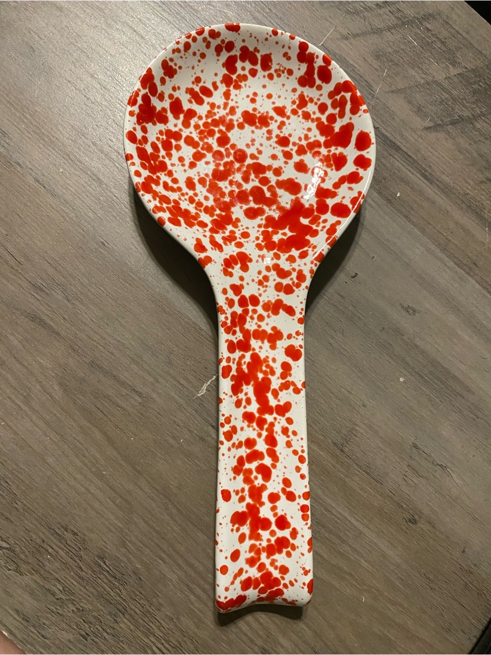 White Ceramic Spoon Rest with Red Splatter Accent